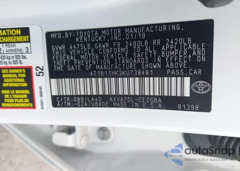 2019 Toyota Camry Xle z USA, uszkodzony, nr VIN 4T1B11HK3KU738481